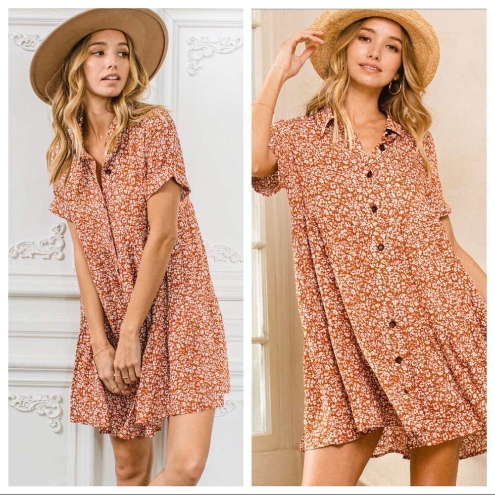 New! Boho Short-Sleeve Floral Button Down Babydoll Flowy Dress Size S Oversized - Picture 3 of 5
